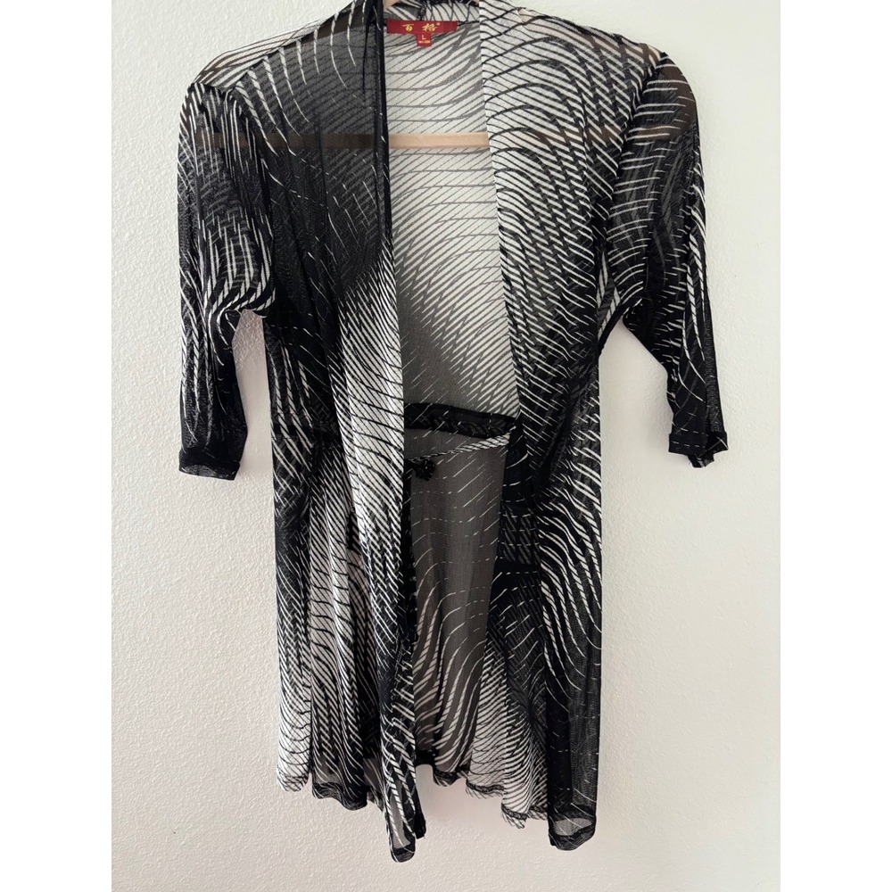 SilBlack White Mesh Abstract Print Open Front Tie Back Cardigan Large